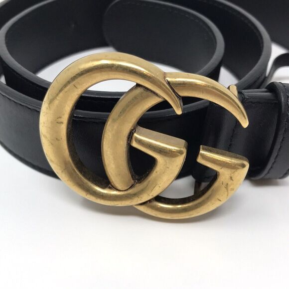 Gucci GG Marmont Thin Belt Black Leather Brass Double G Women Size 75/30 - Picture 2 of 14